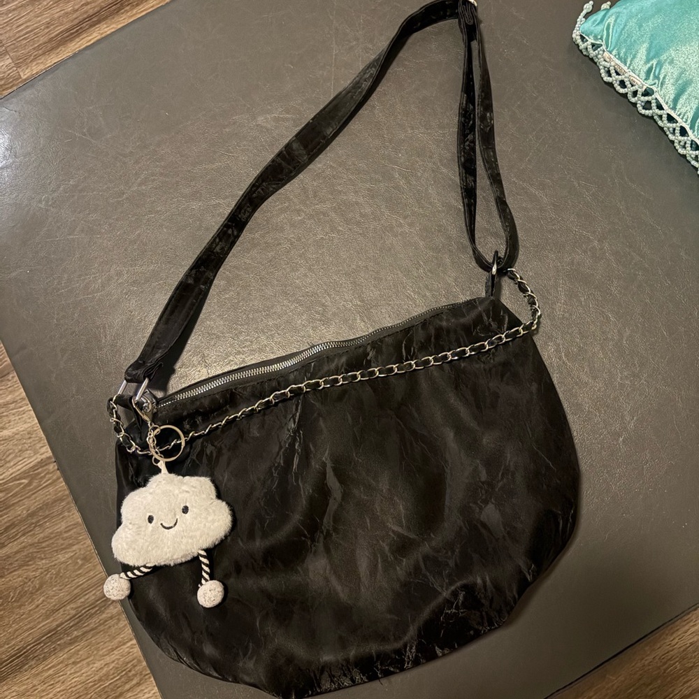 Black Faux-Leather Shoulder Bag with Chain Accent